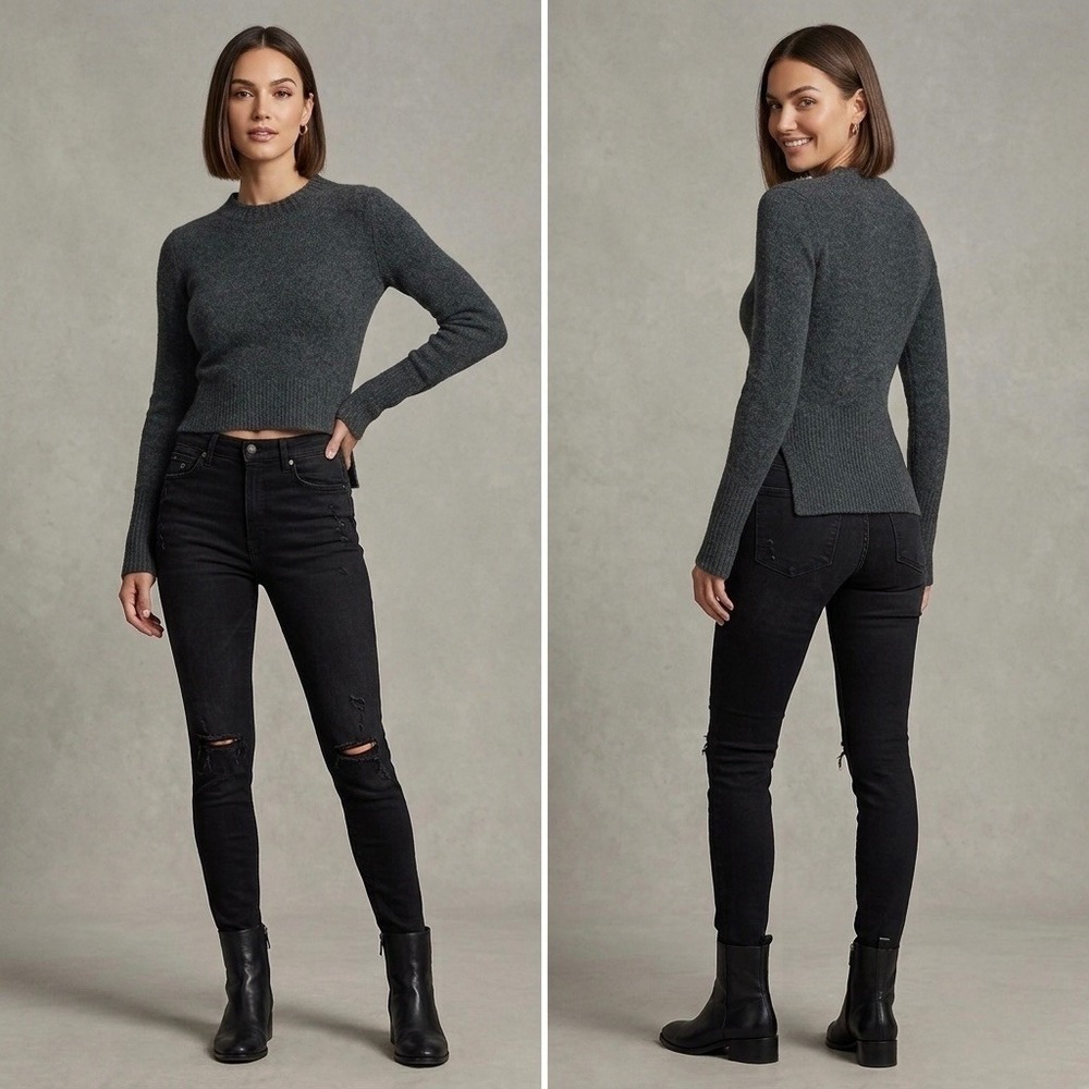 ALLSAINTS Dark Green Wool‎ Yak Blend High-Low Cropped Knit Sweater Small